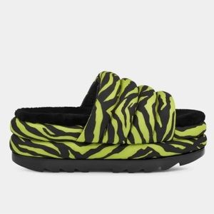 UGG Lime Green Black Maxi Slide Tiger Print Platform Slip On Sandal Wool 7 NEW